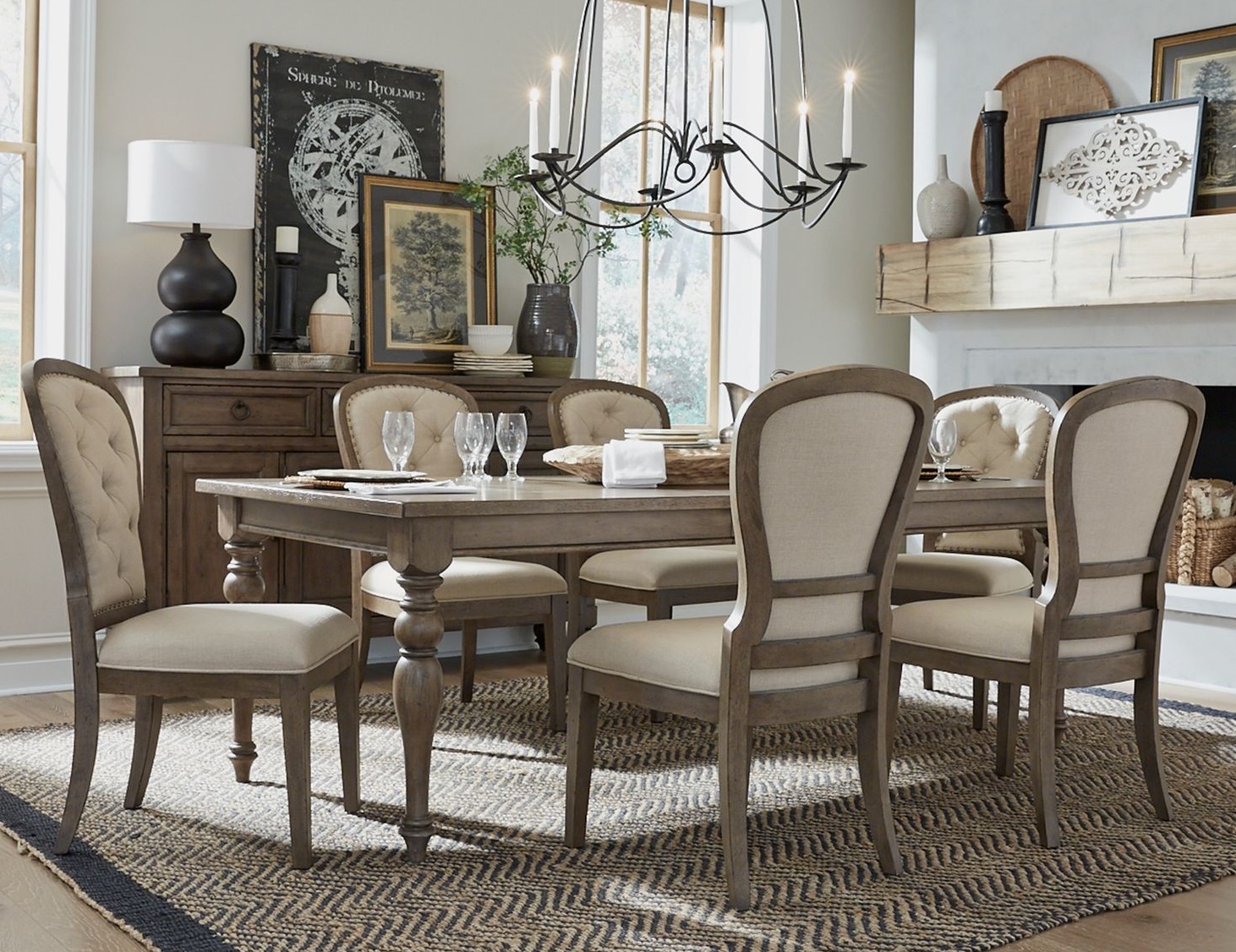 Liberty Americana Farmhouse Dusty Taupe 7pc Dining Room Set With Tufted Cha...